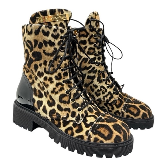 GIUSEPPE ZANOTTI Womens Brown Leopard Print Up Toe Block Heel Combat Boots 36 - Picture 7 of 12